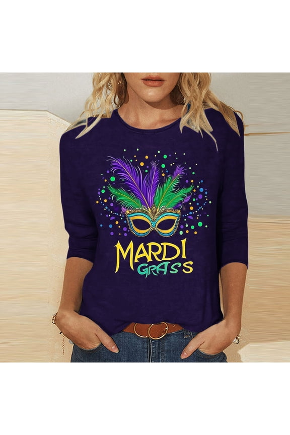 Mardi Gras Blouses for Women Tuesday Shirts Carnival Themed Party 3/4 Sleeve Outfits Funny Mask Graphic Tshirts Casual Round Neck Tops New Orleans Parade Pullovers 2025 Purple 2XL