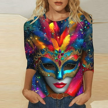 SOOMLON Mardi Gras Blouses for Women Tuesday Shirts Carnival Themed Party 3/4 Sleeve Outfits Funny Mask Graphic Tshirts Casual Round Neck Tops New Orleans Parade Pullovers 2025 Multicolor XL