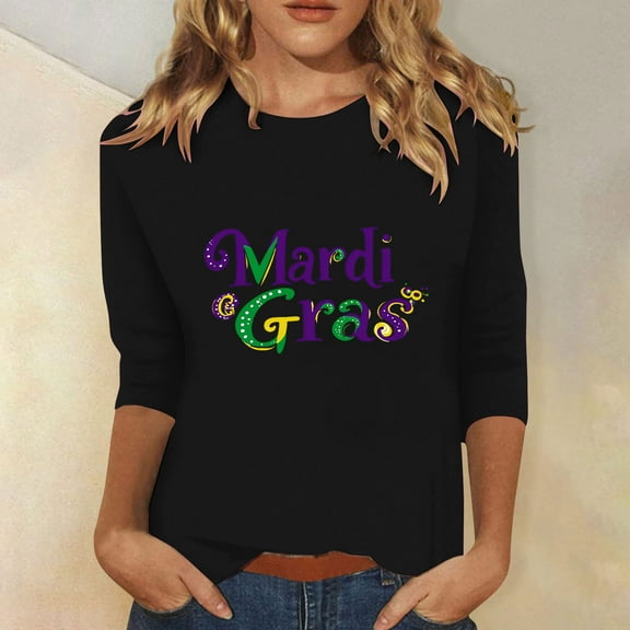 SOOMLON Mardi Gras Outfit for Women Carnival Outfits Tuesday Party 3/4 Sleeve Tshirts Fancy Mask Print Tops Trendy Scoop Neck Shirts New Orleans Holiday Blouses 2025 Black XL