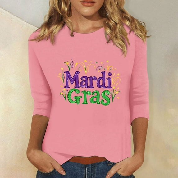 SOOMLON Mardi Gras Outfit for Women Tuesday Shirts Carnival Themed Party 3/4 Sleeve Outfits Funny Mask Graphic Tshirts Tunic Round Neck Tops New Orleans Holiday Blouses 2025 Pink 3XL