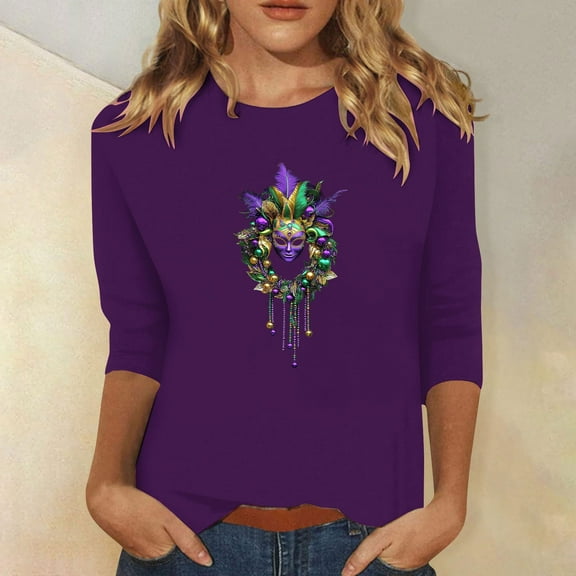 SOOMLON Mardi Gras Outfit for Women Tuesday Tshirts Carnival Themed Party 3/4 Sleeve Tops Funny Mask Graphic Shirts Tunic Crewneck Outfits New Orleans Holiday Blouses 2025 Purple 3XL
