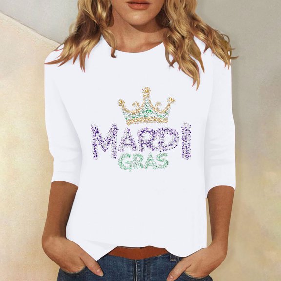 SOOMLON Mardi Gras Shirts Women Carnival Tops Tuesday Party 3/4 Sleeve Shirts Fancy Mask Print Outfits Trendy Crew Neck Tshirts New Orleans Holiday Blouses 2025 White XL