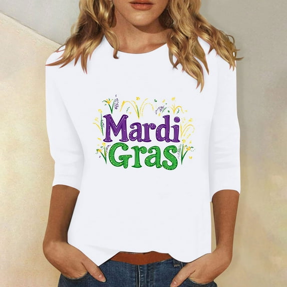 SOOMLON Mardi Gras Shirts for Women Tuesday Tshirts Carnival Themed Party 3/4 Sleeve Tops Funny Mask Graphic Shirts Oversized Crewneck Outfits New Orleans Festival Tees 2025 White L