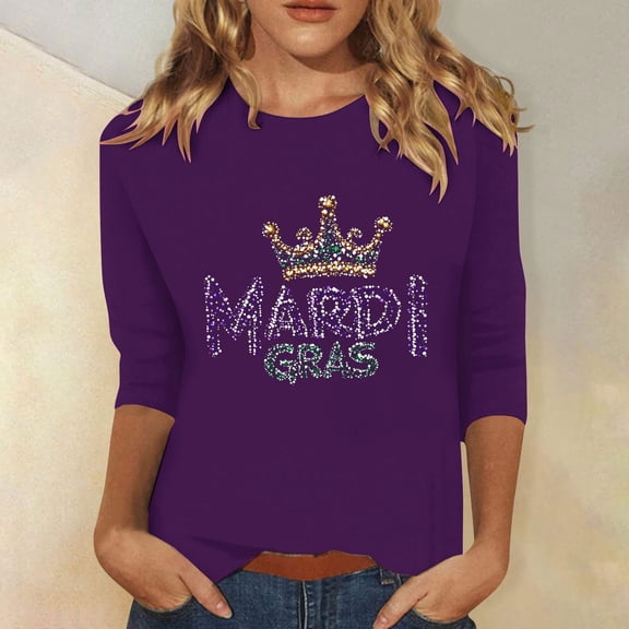 SOOMLON Mardi Gras Shirts Women Tuesday Tshirts Carnival Themed Party 3/4 Sleeve Tops Funny Mask Graphic Shirts Tunic Crewneck Outfits New Orleans Holiday Blouses 2025 Purple 3XL