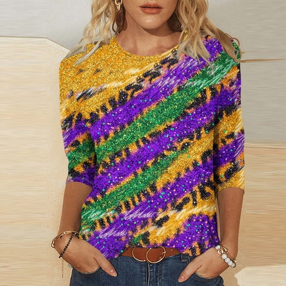SOOMLON Mardi Gras T Shirt Womens Tuesday Shirts Carnival Themed Party 3/4 Sleeve Outfits Funny Striped Graphic Tshirts Casual Crewneck Tops New Orleans Parade Pullovers 2025 Multicolor 2XL