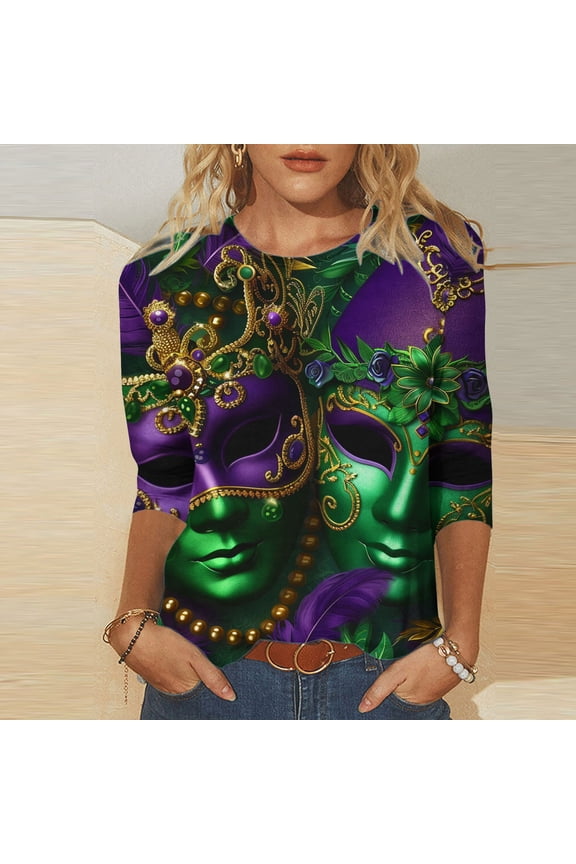 Mardi Gras Tee Shirts for Women Carnival Outfits Tuesday Party 3/4 Sleeve Tshirts Funny Mask Print Tops Comfy Scoop Neck Shirts New Orleans Parade Pullovers 2025 Multicolor 3XL