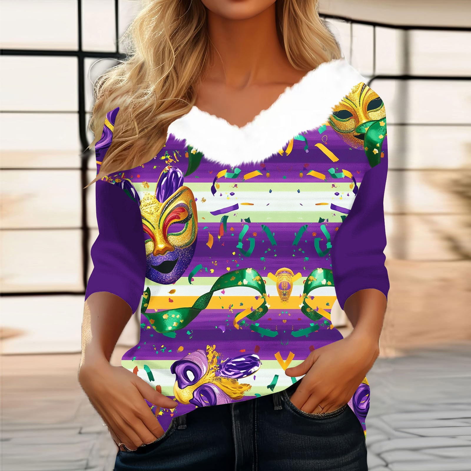 SOOMLON Mardi Gras Tops for Women Carnival Outfits Tuesday Party 3/4