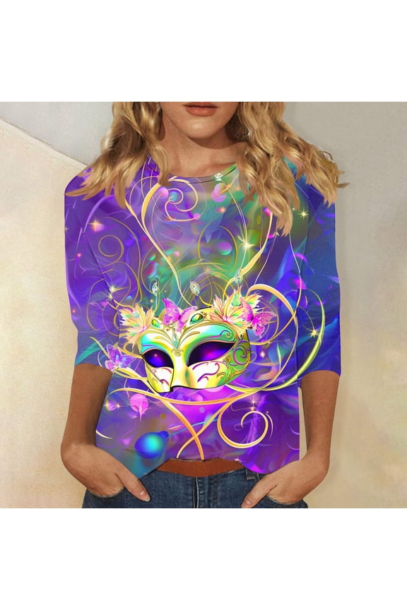 Mardi Gras Tops for Women Tuesday Shirts Carnival Themed Party 3/4 Sleeve Outfits Funny Mask Graphic Tshirts Tunic Round Neck Tops New Orleans Holiday Blouses 2025 Multicolor M