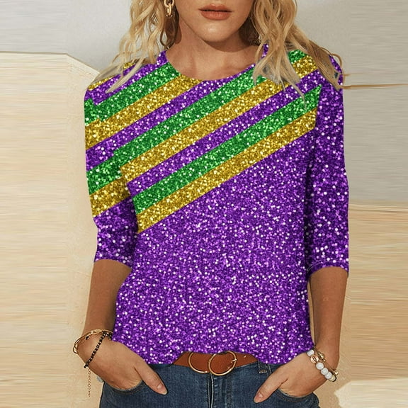 SOOMLON Mardi Gras Tops for Women Tuesday Shirts Carnival Themed Party 3/4 Sleeve Outfits Funny Striped Graphic Tshirts Tunic Crewneck Tops New Orleans Holiday Blouses 2025 Multicolor XL