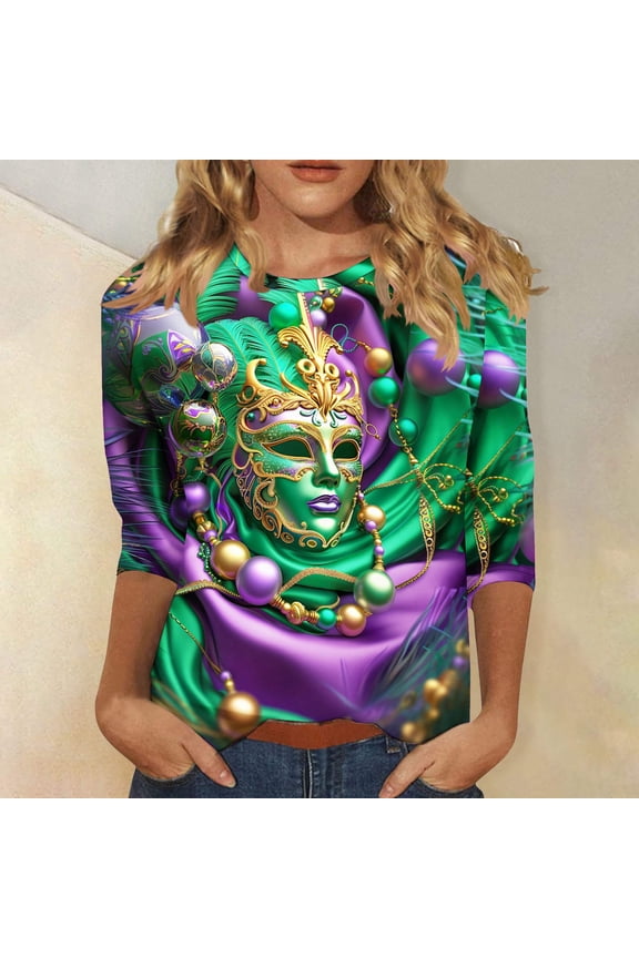 Mardi Gras Tops for Women Tuesday Tshirts Carnival Themed Party 3/4 Sleeve Tops Funny Mask Graphic Shirts Tunic Crewneck Outfits New Orleans Holiday Blouses 2025 Purple M