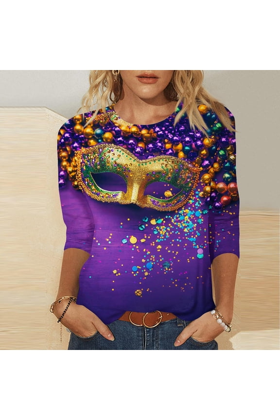 Mardi Gras Tshirts Women Carnival Tops Tuesday Party 3/4 Sleeve Shirts Fancy Mask Print Outfits Plus Size Scoop Neck Tshirts New Orleans Festival Tees 2025 Blue S