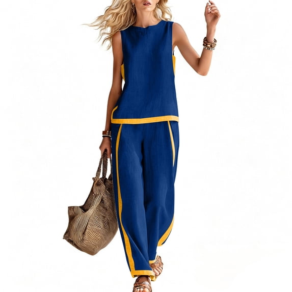 SOOMLON Matching Sets Women Outfits Plus Size Crew Neck Button Down Tees Loose Pants with Pockets 2 Piece Summer Sets