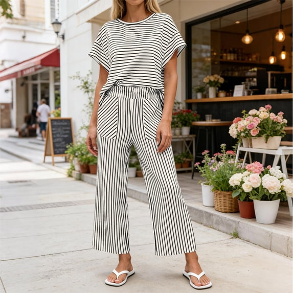 SOOMLON Matching Sets Women Outfits Plus Size Crew Neck Striped Batwing Sleeve Top Cropped Pants with Pockets Summer Sets