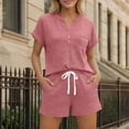 thumbnail image 1 of SOOMLON Matching Sets Women Outfits Plus Size Soft Slit Neck Short Sleeve Tees Drawstring Shorts Vacation 2 Piece Set, 1 of 8