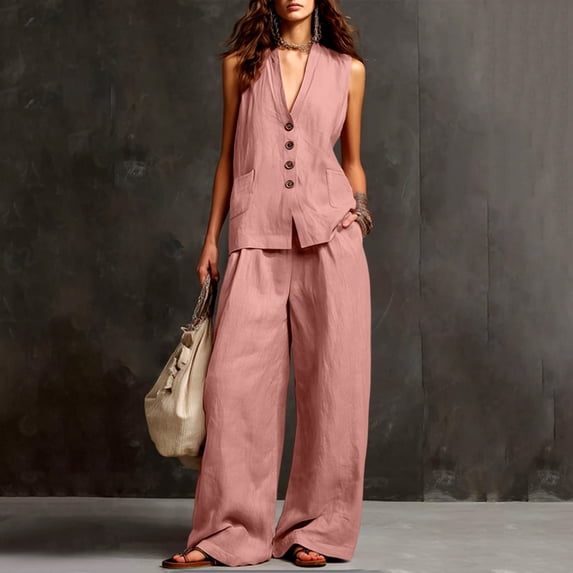 SOOMLON Matching Sets Women Outfits Plus Size V Neck Button Sleeveless Tees Loose Pants with Pockets 2 Piece Summer Set
