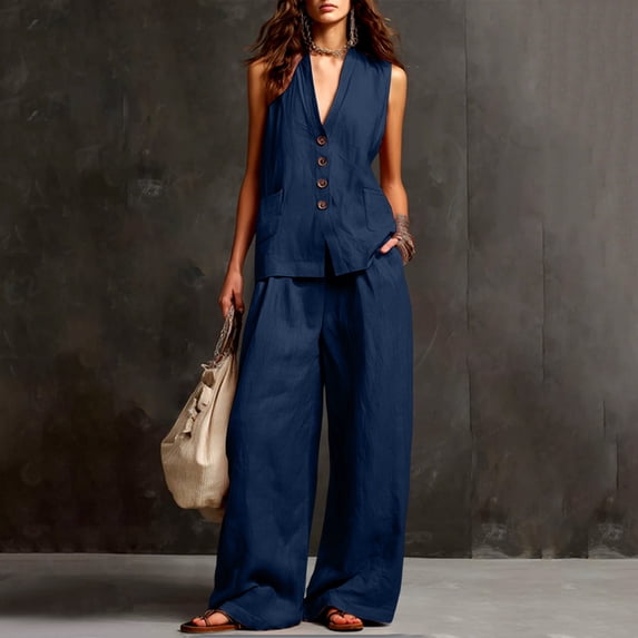 SOOMLON Matching Sets Women Outfits Plus Size V Neck Button Sleeveless Tees Loose Pants with Pockets 2 Piece Summer Set