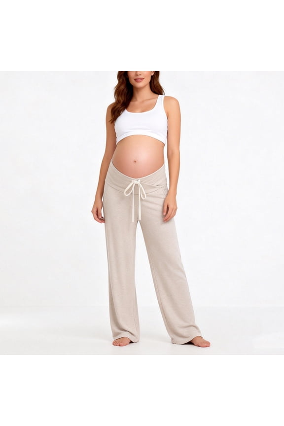 Maternity Pants with Pockets Plus Size Drawstring Wide Leg Long Pants Loose Tweed Pants Leisure Comfy Clothes