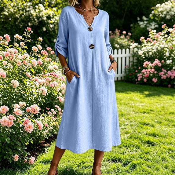 SOOMLON Maxi Dresses for Women with Sleeves Plus Size Henley Dress Pleated Dresses Vacation Clothes with Pockets
