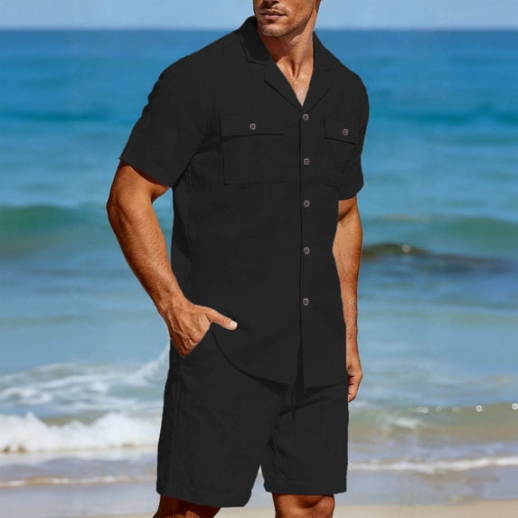 SOOMLON Men 2 Piece Set Outfit Big and Tall Collared Button Down Shirts Elastic Waist Drawstring Shorts Summer Outfits