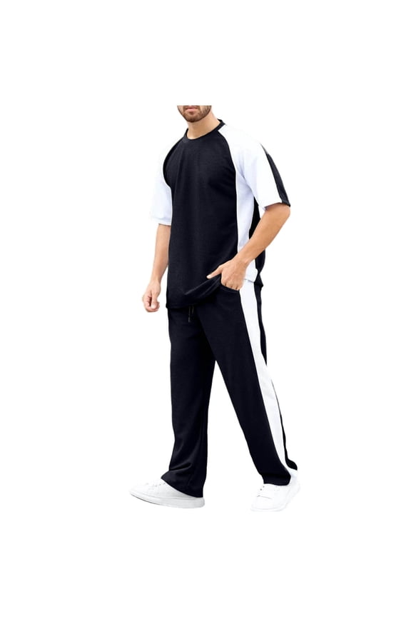 Men 2 Piece Set Outfit Big and Tall Waffle Crew Neck T Shirts Color Block Pants Casual Summer Outdoor Outfits