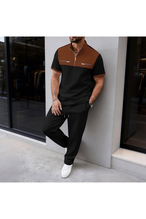 Men 2 Piece Set Outfit Big and Tall Waffle Zipper Color Block Tees Cropped Pants with Pockets Casual Summer Sets