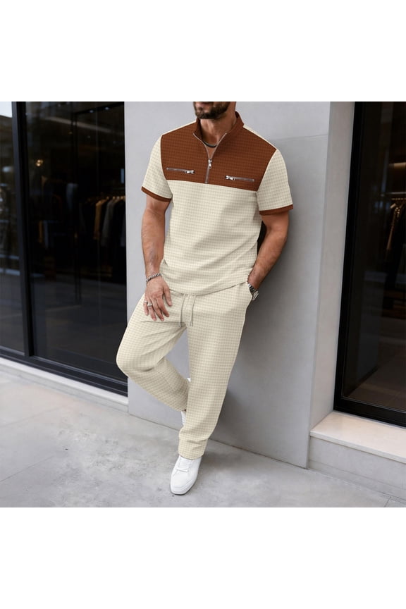 Men 2 Piece Set Outfit Big and Tall Waffle Zipper Color Block Tees Cropped Pants with Pockets Casual Summer Sets