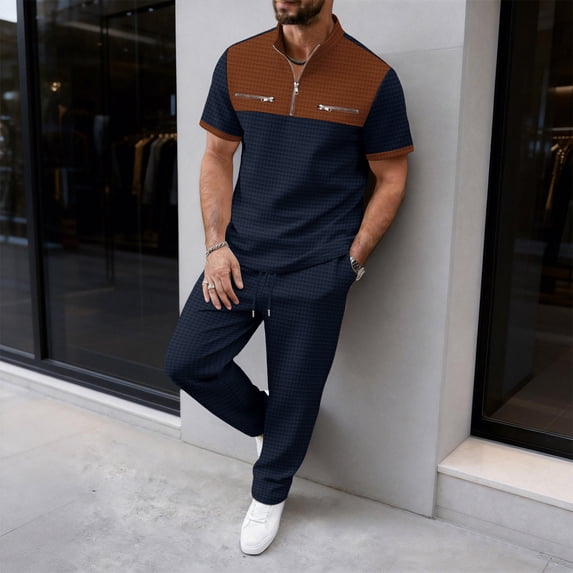 SOOMLON Men 2 Piece Set Outfit Big and Tall Waffle Zipper Color Block Tees Cropped Pants with Pockets Casual Summer Sets