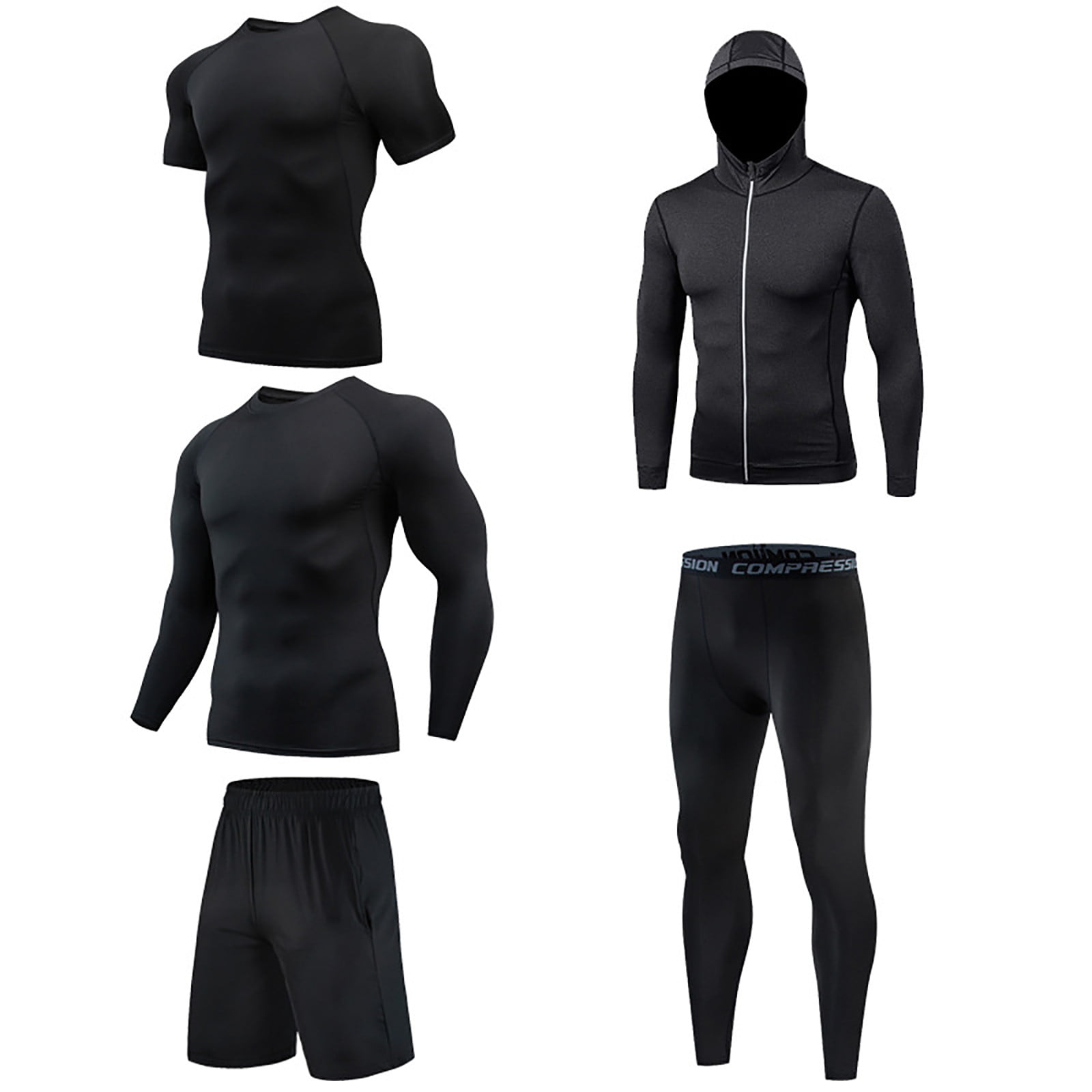 SOOMLON Men Workout Set Dry Quick Shirt Pants Clothes for Gym Going out  Pants Quick Drying Fitness 5 Piece Jacket + Long Sleeve + Short Sleeve +
