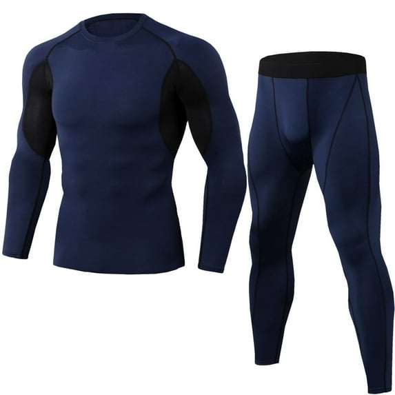 SOOMLON Men's Athletic Running Sets Pants Shirt Going out Pants Elastic Fitness Long Sleeve Fast Drying Tops Long Pants Sports Tight Suit Navy M