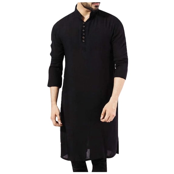 SOOMLON Men's Clothes Kaftan Robe Long Gown Ethnic Clothes Fashion Arabian Style Shirt Tops Long Sleeve Button Stand Collar Pullover Solid Robe Blouse Ramadan Black XXXXXL