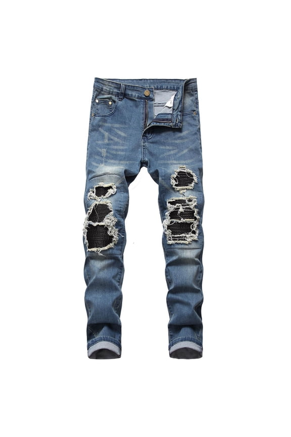 Men's Hip Hop Jeans Gothic Loose Straight Leg Trousers Ripped Comfy Pants Autumn Denim Straight Ripped Hole Jeans Blue XXL
