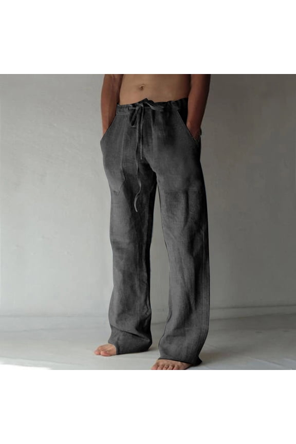 Men's Pants Casual Cotton Linen Comfy Pants Elastic Waist Breathable Soft Beach Trousers Dark Gray XL