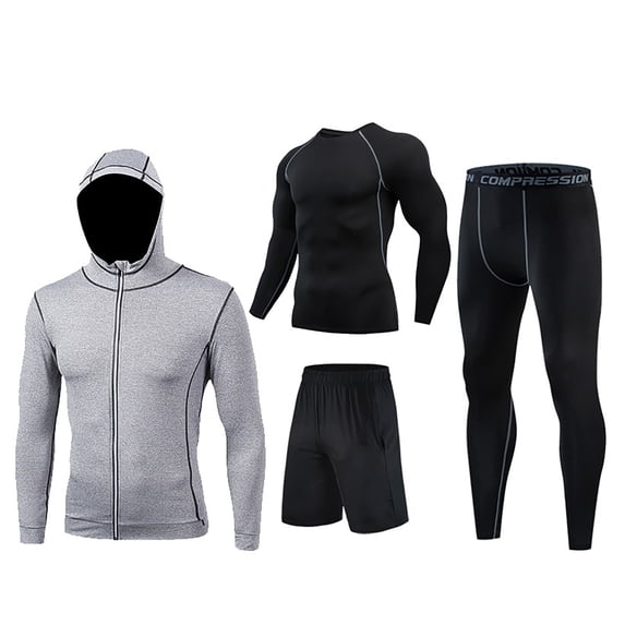SOOMLON Men's Pants Shirt Top Athletic Sets Gym Clothing Mens Workout Valentine's Day gift Bohemian Pants Quick Drying Fitness Four Piece Jacket Long Sleeve Shorts Trousers Gray L