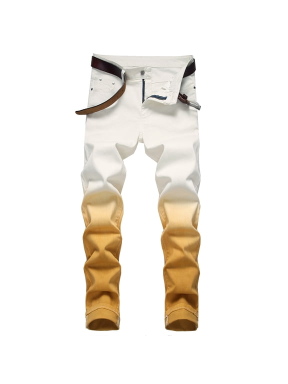 Men's Relaxed Straight Jeans Pocket Y2k Pants Ripped Zipper Outdoor Summer Trousers Tie dye Gradient Jeans Yellow XXL