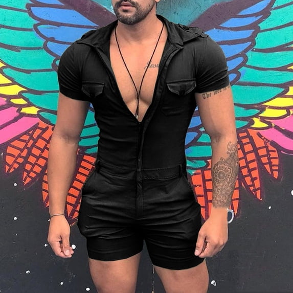 SOOMLON Men's Sleep Romper Loungewear Printed Casual Shorts Jumpsuit Summer Short Sleeve Shorts Hooded Jumpsuit Black S