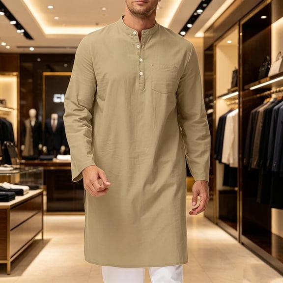 SOOMLON Men's Solid Muslim Robes Big and Tall Collared Long Sleeve Long Gown Button up Kaftan Robe Arabian Style Outfits