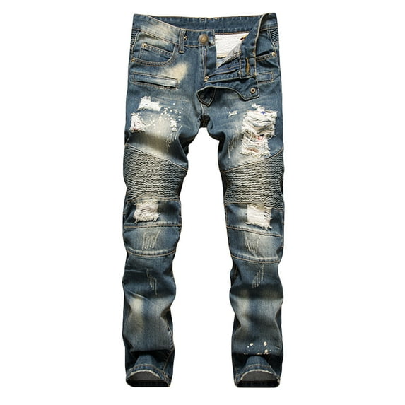 SOOMLON Men's Straight Leg Jean Ripped Boho Pants Button Denim Jeans Blue M
