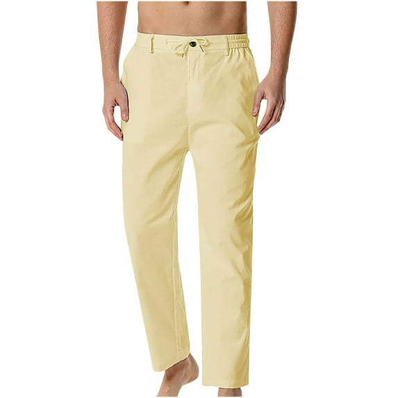 SOOMLON Men's Summer Beach Pants Drawstring Y2k Pants Cotton Linen Elastic Waist Daily Pants Straight Pants Sports Trousers Yellow L