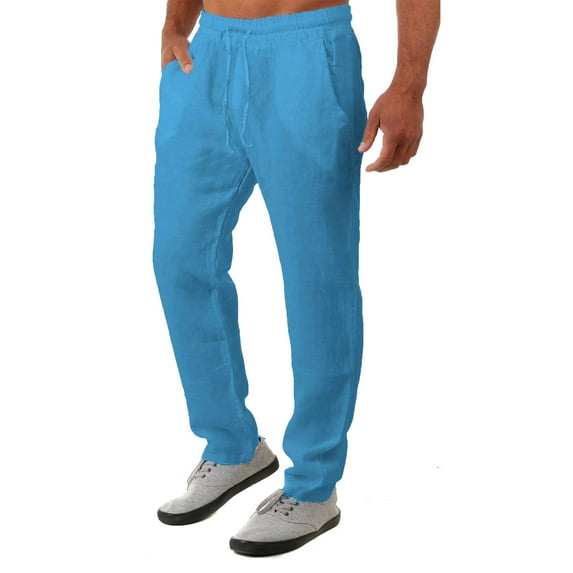 SOOMLON Men's Summer Beach Pants Pocket Festival Pants Cotton Linen Loose Long Pants Blue XXL