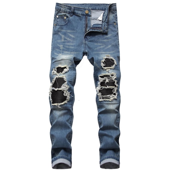 SOOMLON Men's Vintage Jeans Classic 70s Style Denim Pants Ripped Beach Pants Autumn Denim Straight Ripped Hole Jeans Blue XL