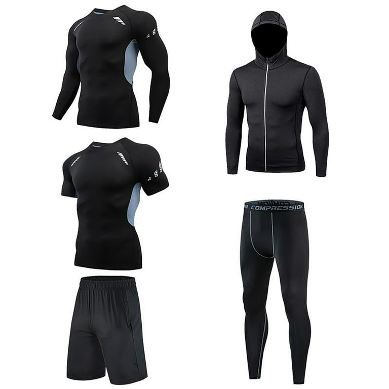 SOOMLON Men s Workout Clothes Athletic Pants Shirt Set Basketball Exercise Training Running Gym Quick Drying Fitness 5 Piece Jacket Long Sleeve Short Sleeve Shorts Trousers Black XXXL Walmart