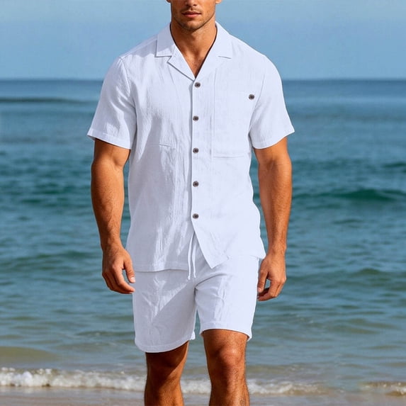 SOOMLON Mens 2 Piece Short Sets Big and Tall Linen Collared Button Down Shirts Drawstring Shorts Summer Beach Outfits