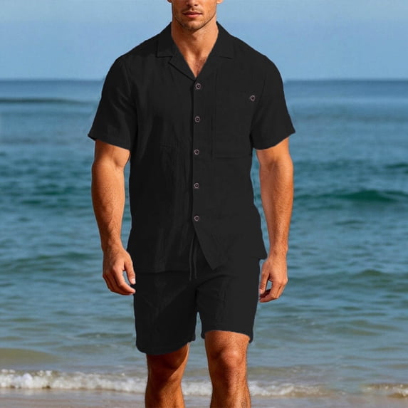 SOOMLON Mens 2 Piece Short Sets Big and Tall Linen Collared Button Down Shirts Drawstring Shorts Summer Beach Outfits