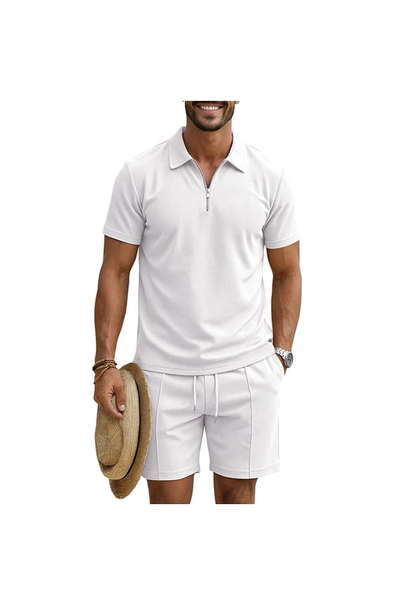 Mens 2 Piece Short Sets Big and Tall Waffle Half Zip Collared Tees Trendy Shorts with Pockets Beach Outfits Sets