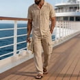 thumbnail image 1 of SOOMLON Mens Beach Outfits Sets Big and Tall Collared Button up Shirts Drawstring Pants with Pockets Summer Clothing Set, 1 of 5
