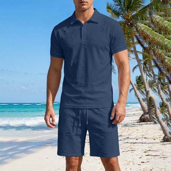 SOOMLON Mens Beach Outfits Sets Big and Tall Short Sleeve Collared Shirts Drawstring Shorts Lightweight Two Piece Sets