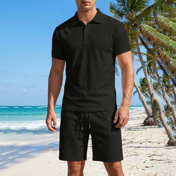 SOOMLON Mens Beach Outfits Sets Big and Tall Short Sleeve Collared Shirts Drawstring Shorts Lightweight Two Piece Sets