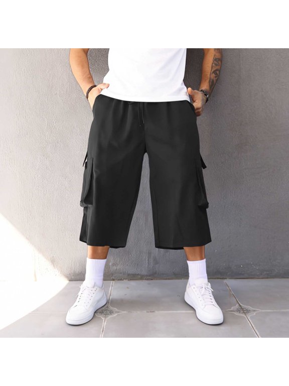 Mens Cargo Capri Pants Big and Tall Elastic Waist Half Pants Loose Outdoor Pants Trendy Weekend Clothes