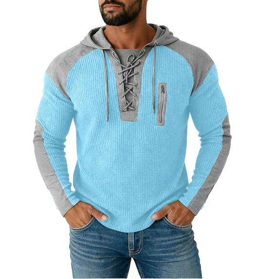 SOOMLON Mens Hoodies Pullover Big and Tall Long Sleeve Tie Neck Pullover Waffle Color Block Sweatshirts Fall Fashion Wear