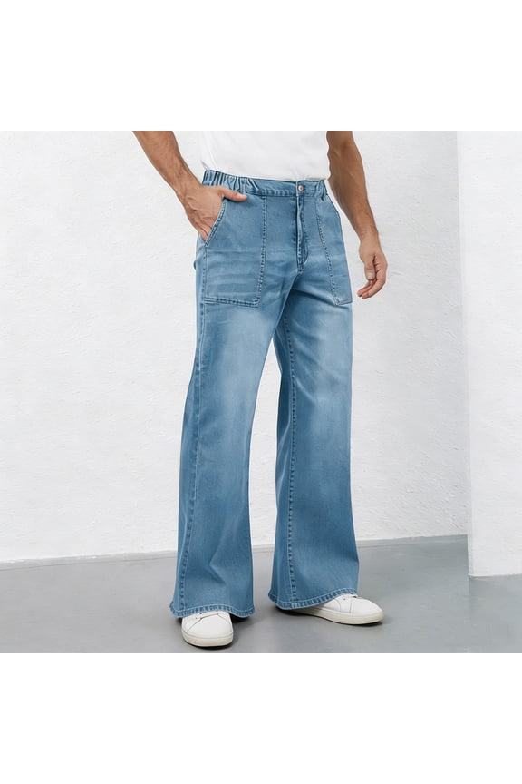 Mens Pants Big and Tall Big and Tall Jeans Button Waist Flared Trousers Solid Faux Denim Pants with Pockets